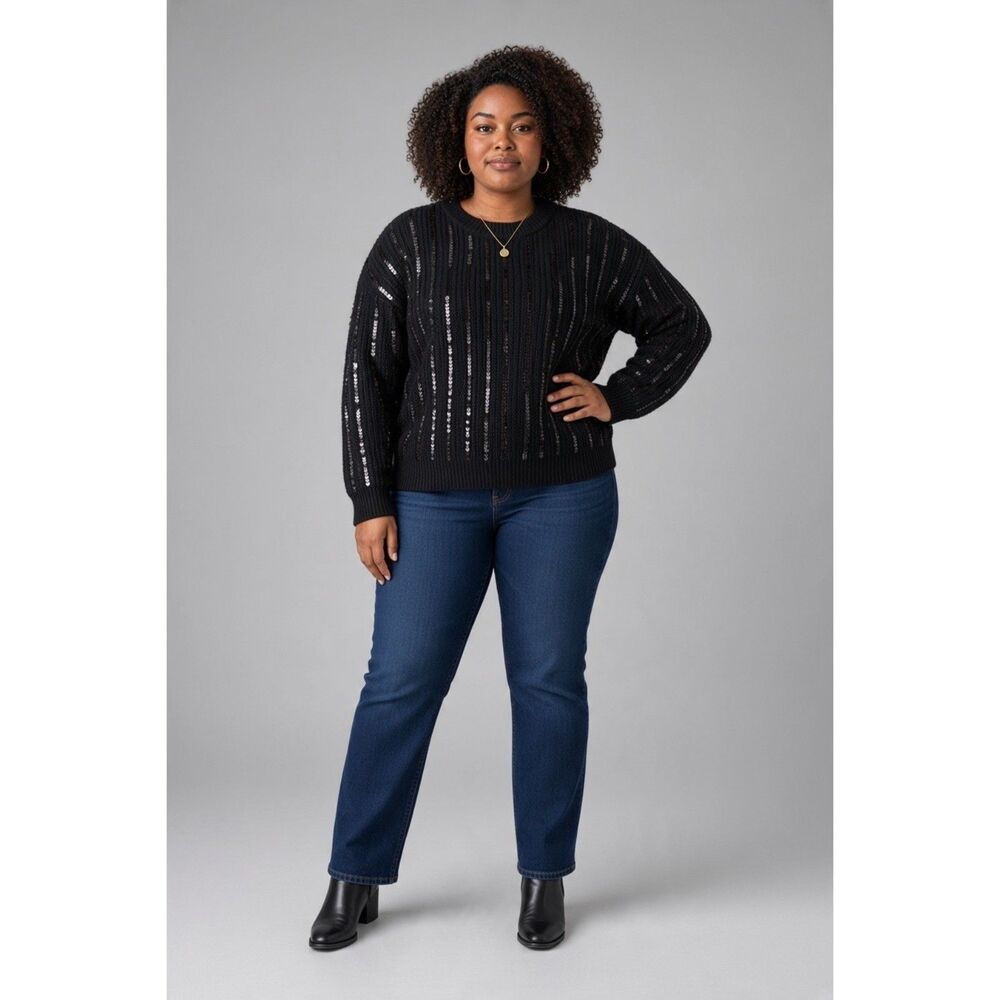 SHE + SKY Sweater Womens L Black Sequin Stripe Chunky Knit Long Sleeve Pullover